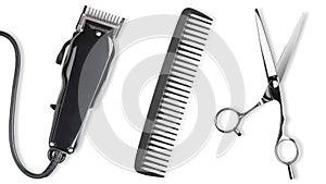 Scissors, Comb, Hair clipper. Professional barber hair clipper and shears for Man haircut. Hairdresser salon equipment