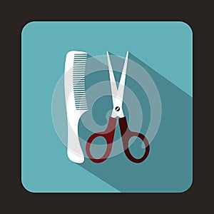 Scissors and comb icon, flat style