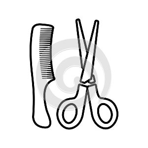 Scissors and comb icon, outline style