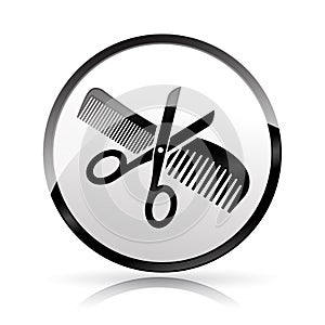 Scissors and comb icon on white background