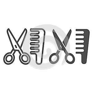 Scissors and comb line and glyph icon. Hair salon vector illustration isolated on white. Haircut outline style design