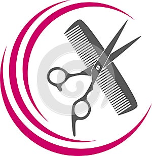 Scissors, comb and razor in black, hairdresser and barber tools Logo photo