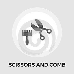 Scissors and comb vector flat icon