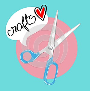 Scissors with with crafts love message flat design