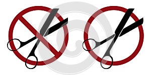 scissors cut ban prohibit icon. Not allowed sharp items.