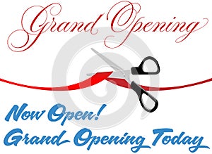 Scissors cut grand opening today ribbon