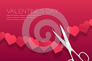 Scissors cut Heart paper chain, Valentine`s day concept layout poster template design illustration isolated on pink gradients