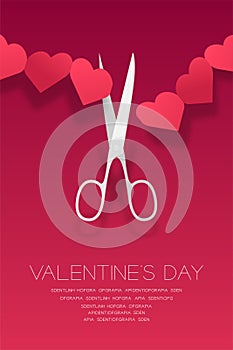 Scissors cut Heart paper chain, Valentine`s day concept layout poster template design illustration isolated on pink gradients