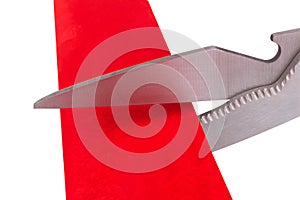 scissors cut isolated on white background red ribbon paper