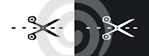 Scissors with cut lines icon linear graphics set vector in black