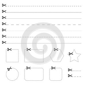 Scissors with cut lines icon on white background. Mark of scissors cut paper coupon. Vector illustration. EPS 10