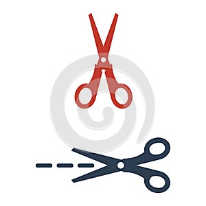 Scissors with cut lines isolated on white background