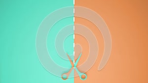 Scissors with cut lines on pastel turquoise and orange colored background with copy space, template mockup concept idea