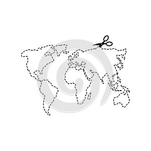 Scissors cut map world template. Dashed line continents of planet earth. vector illustration