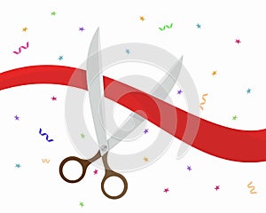 Scissors cut the red ribbon. Grand opening ceremony