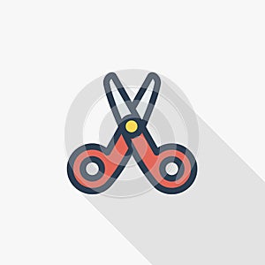 Scissors, cut thin line flat color icon. Linear vector symbol. Colorful long shadow design.