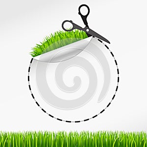 Scissors cut ticker. Green grass