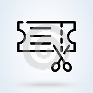 Scissors cuts discounts coupon icon or logo line art style. Outline supermarket at low prices concept. Discount Coupons vector