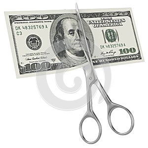 Scissors cuts hundred american dollar