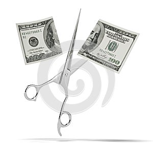 Scissors cuts hundred american dollar note