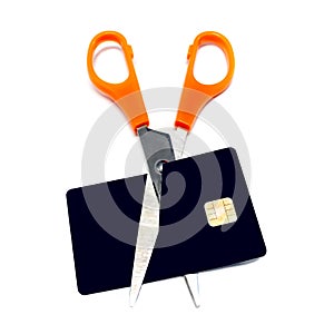 Scissors cutting chip card isolated