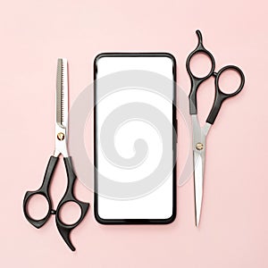 Scissors for cutting. Creating beautiful hairstyles. Pink background. Top view. Flat lay. Copy space. Place for text