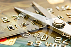 Scissors cutting through a credit card, concept of financial management and debt control