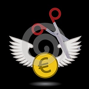 scissors cutting euro coin wings