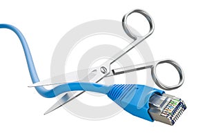 Scissors cutting lan network computer cable, 3D rendering