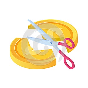 Scissors cutting money. Divide money, share profits or Sale concept Discounts symbol. Cost reduction or cut price.