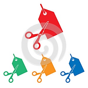 Scissors cutting price tag icon. Vector illustration, flat design. tag