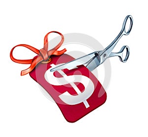 Scissors cutting a price tag for a new sale