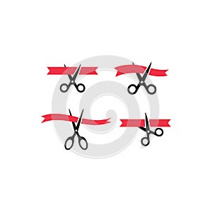 Scissors cutting red ribbon, inauguration event concept vector icon set. photo