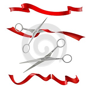 Scissors Cutting Red Ribbon Realistic Set