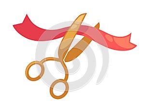 Scissors cutting red ribbon symbol for opening vector isolated icon