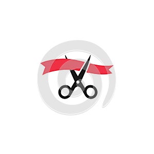 Scissors cutting red waved ribbon, inauguration ceremony event vector icon. photo