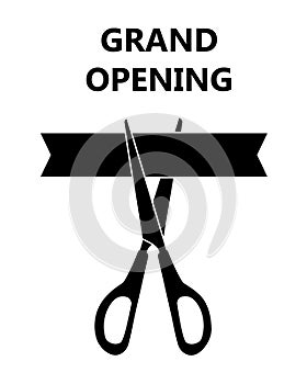 Scissors cutting the ribbon with announcement text Grand openong. Black icon isolated on white background. Vector photo