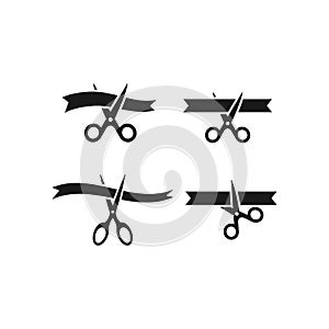 Scissors cutting ribbon simple black vector icon set.