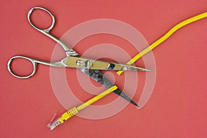 Scissors cutting the yellow network cable