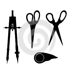 Scissors, divider, pen corrector. Vector illustration