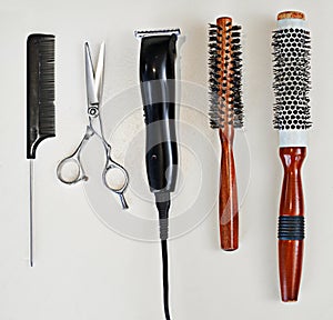 Scissors, equipment and tool for haircut, comb and razor for professional hairdresser. Metal, grooming and trim or cut