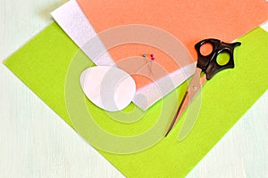 Scissors, felt, pins, paper templates - sewing set Easter egg. Sewing. Step