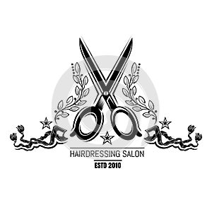 Scissors between floral pattern and ribbons in vintage style. Barbershop or hairdressing salon label