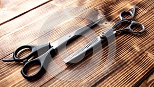 Scissors for haircuts on a wooden background