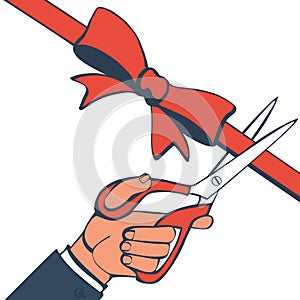 Scissors in hands of man cut red ribbon vector