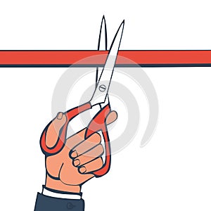 Scissors in hands of man cut red ribbon. Vector