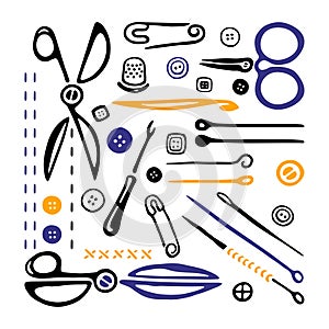Scissors, hooks and needles. Black and white logo. Hand drawn icons collection. Vector illustration.
