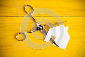 Scissors and house cut out of pape