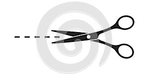 Scissors icon . Black scissors with cut lines on white background . vector illustration
