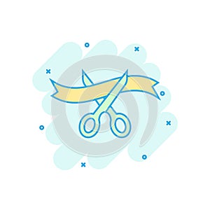 Scissors icon in comic style. Cutting ribbon vector cartoon illustration on white isolated background. Ceremonial business concept